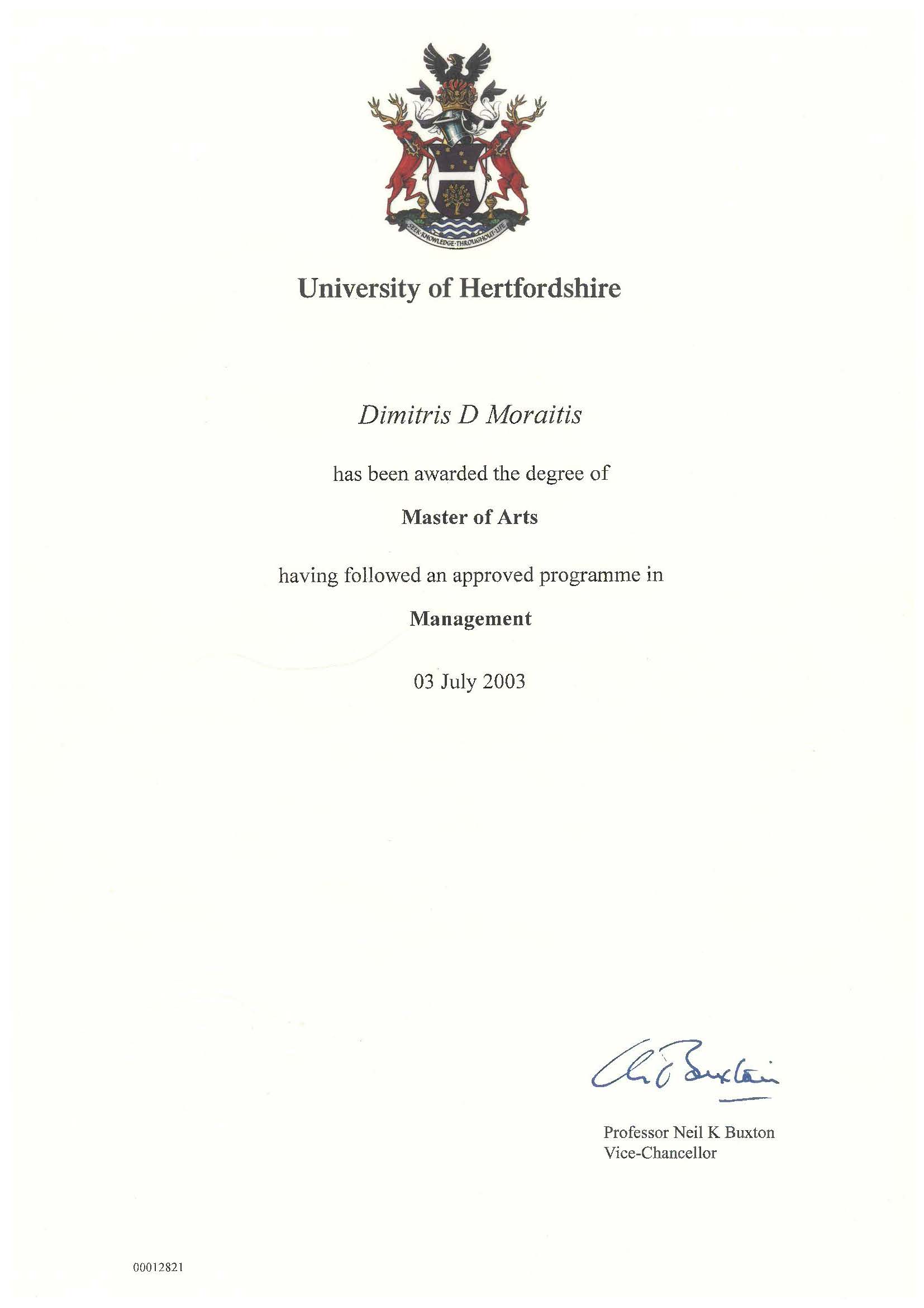 MSc General Management certificate, University of Hertfordshire